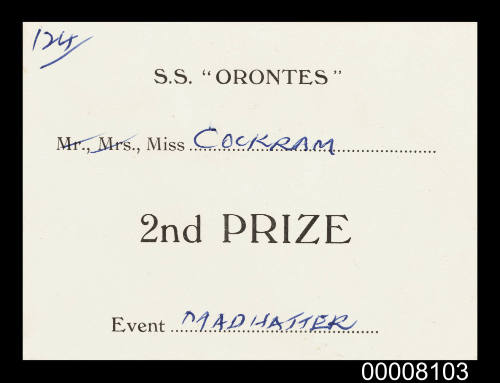 Second prize notification from an event on SS ORONTES