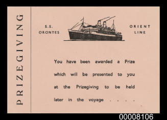 Prizegiving notification card  from the Orient Line SS ORONTES