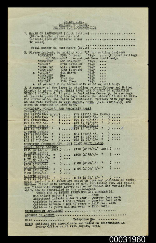 Orient Line Tourist B class request for accommodation form