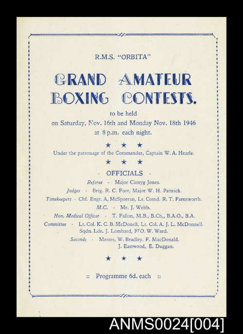 RMS ORBITA Program booklet for Grand Amateur Boxing Contests