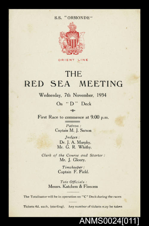 Orient Line SS ORMONDE Red Sea Meeting program
