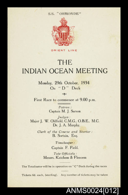 Orient Line SS ORMONDE Indian Ocean Meeting program