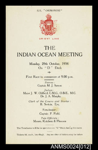 Orient Line SS ORMONDE Indian Ocean Meeting program