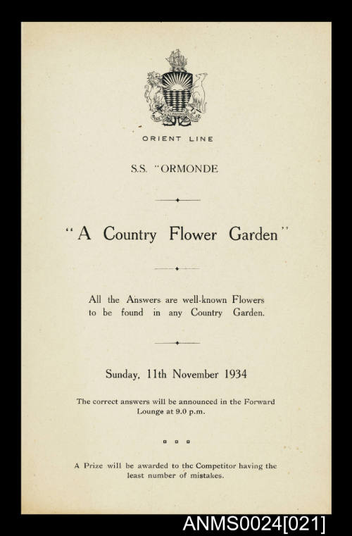 Orient Line SS ORMONDE A Country Flower Garden competition entry form
