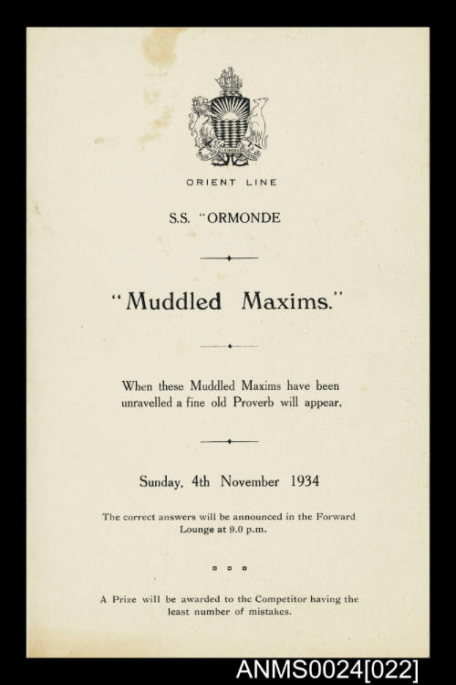 Orient Line SS ORMONDE Muddled Maxims competition entry form

