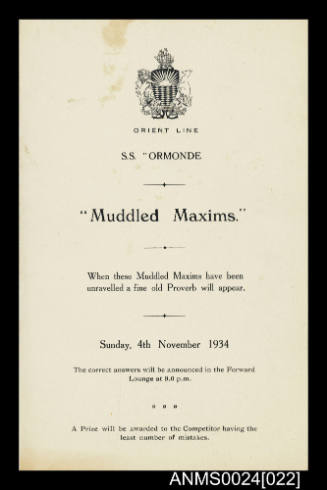 Orient Line SS ORMONDE Muddled Maxims competition entry form

