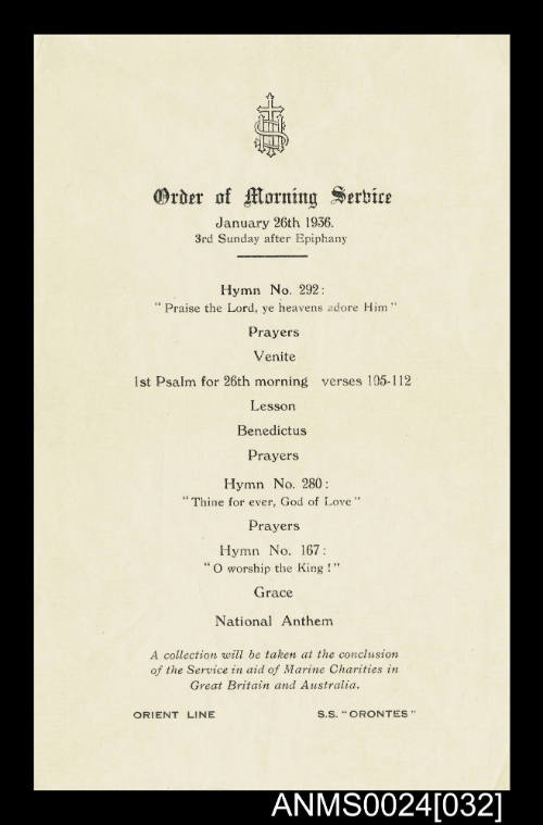 Orient Line SS ORONTES Order of Morning Service sheet

