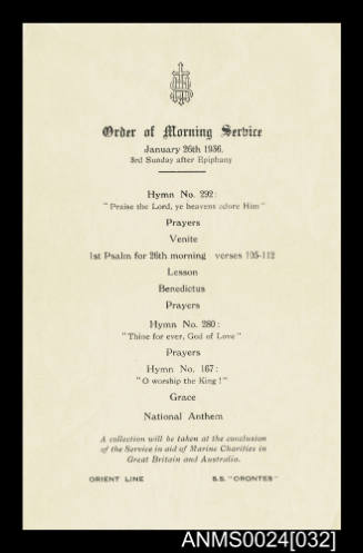 Orient Line SS ORONTES Order of Morning Service sheet

