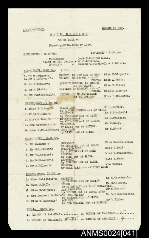 SS ORONTES Voyage 12 out Race Meeting program
