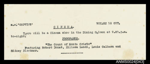 SS ORONTES Voyage 12 Out cinema notice for film Count of Monte Cristo


