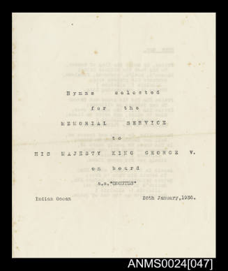 SS ORONTES King George V Memorial Service hymns leaflet


