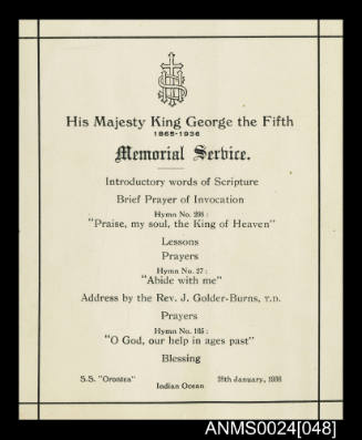 SS ORONTES King George V Memorial Service program card



