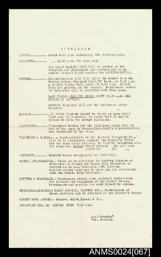 SS ORONTES information sheet about landing in Gibraltar
