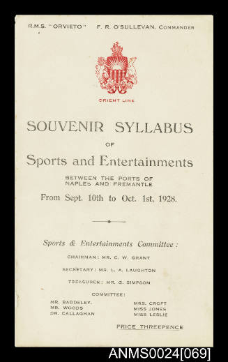 Orient Line RMS ORVIETO Souvenir Syllabus of Sports and Entertainments leaflet

