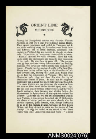 Orient Line shore information booklet for Melbourne
