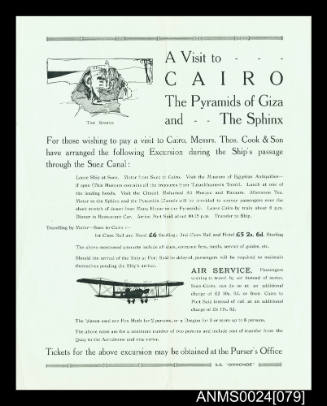 SS ORMONDE information sheet for Cairo and Pyramids of Giza shore excursions
