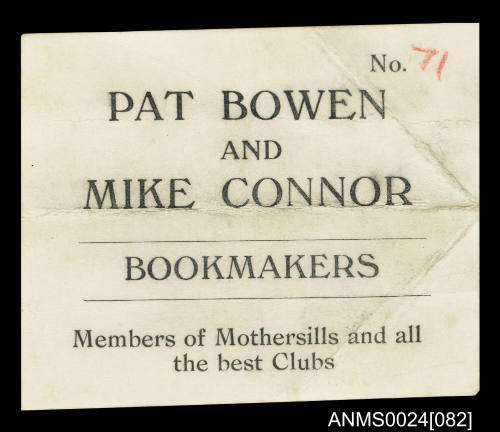 Pat Bowen and Mike Conner Bookmakers card
