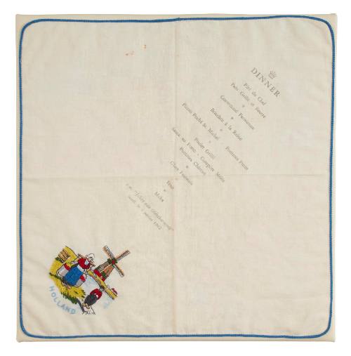 Menu printed on handkerchief:  JOHAN VAN OLDENBARNEVELT : Lundi le 1 Janvier 1962