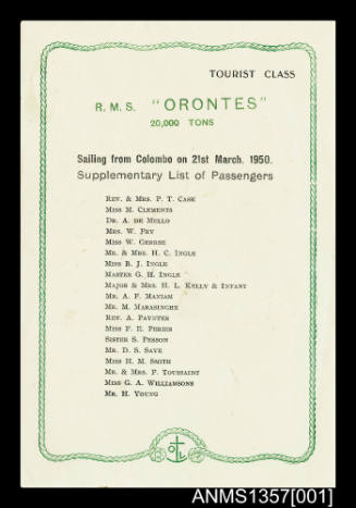 RMS ORONTES supplementary passenger list