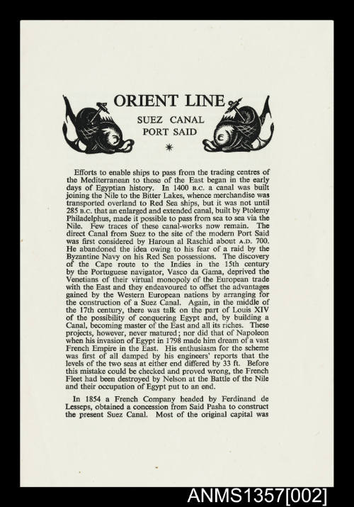 Orient Line leaflet for Suez Canal and Port Said with two loose colour maps