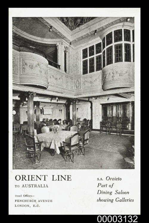 Orient Line to Australia ... SS ORVIETO part of Dining Saloon showing Galleries