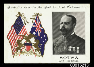 Postcard expressing welcome to Sousa and his band