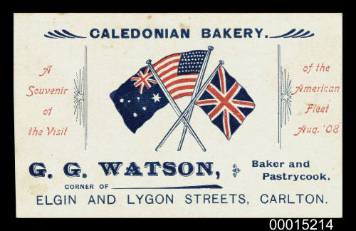 Postcard advertising Caledonian Bakery produced as a souvenir of the Great White Fleet to Melbourne