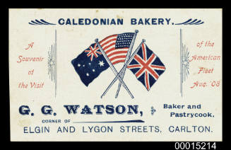 Postcard advertising Caledonian Bakery produced as a souvenir of the Great White Fleet to Melbourne