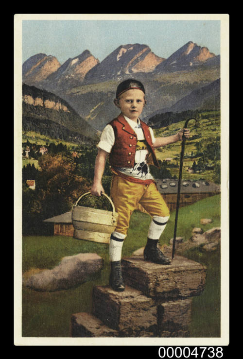 Postcard of a boy in a mountain scene at Zurich