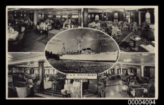 Card with photographs of P&O STRATHEDEN 1st Class Public Rooms