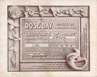 Rose Bay Amateur Swimming Club certificate of merit awarded to S. McCure in recognition of his having swam 220 yards in 3 minutes 2 seconds at Rose Bay Baths on 27 January 1917