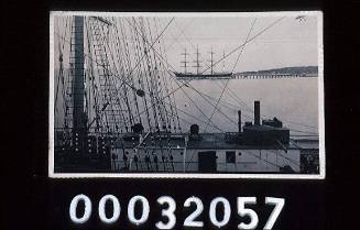 Deck of the four masted barque OLIVEBANK moored to a jetty 