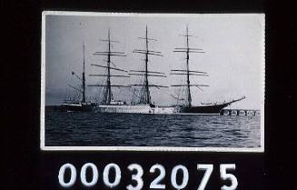 Four master barque KOMMODORE JOHNSEN, ex MAGDALENE VINNEN moored to a jetty with another ship visible 