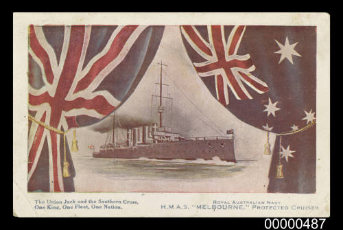 Royal Australian Navy HMAS MELBOURNE protected cruiser. The Union Jack and the Southern Cross, One King, One Fleet, One Nation.