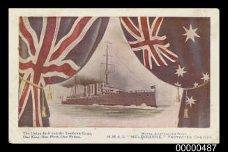 Royal Australian Navy HMAS MELBOURNE protected cruiser. The Union Jack and the Southern Cross, One King, One Fleet, One Nation.