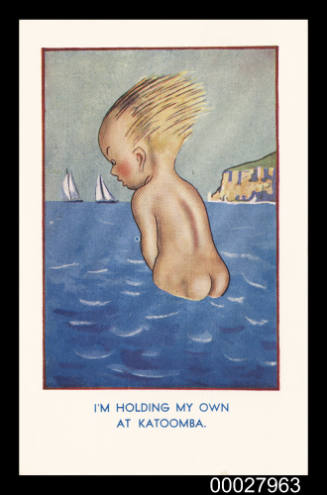 Postcard with an illustration of a naked baby standing in the water