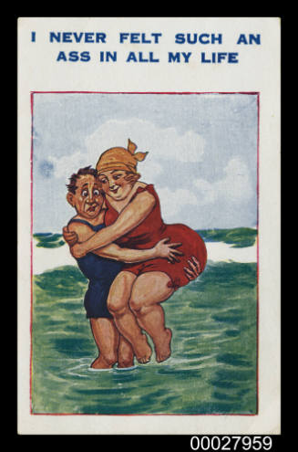 Postcard with an illustration of a man and woman at the beach