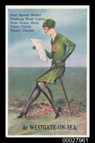Postcard with an illustration of a woman reading the newspaper