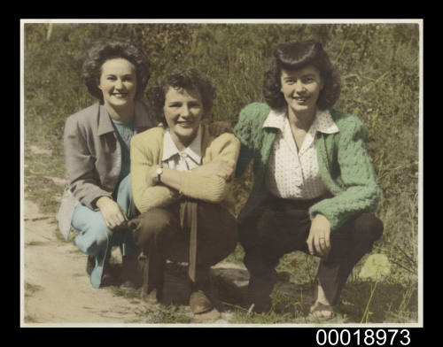 Thelma Thompson, Beryl Bemis and Ruth Cotish awaiting transportation to the States