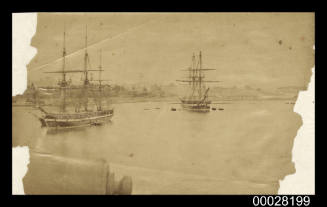 HMS CHALLENGER and a frigate (in the foreground) anchored in Farm Cove, Sydney Harbour