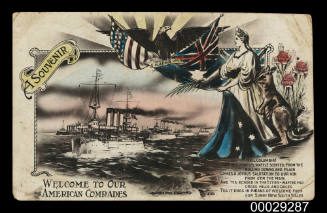 Souvenir postcard commemorating the arrival of the Great White Fleet in Australia