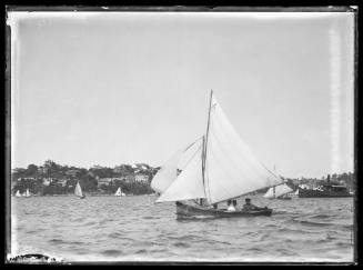 Small skiff with  No.14 on mains'l on Sydney Harbour, possibly a 10' or 12' er with 4 crew visible , inscribed 1415