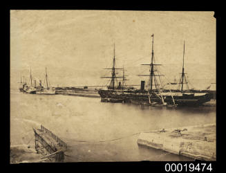 Shipping at a wharf, including a Turkish paddle steamer