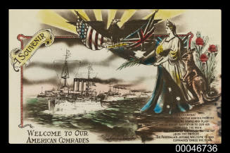 Postcard commemorating the visit of the Great White Fleet to Australia in 1908