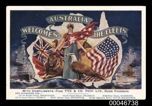 Postcard commemorating the visit of the Great White Fleet to Australia in 1908