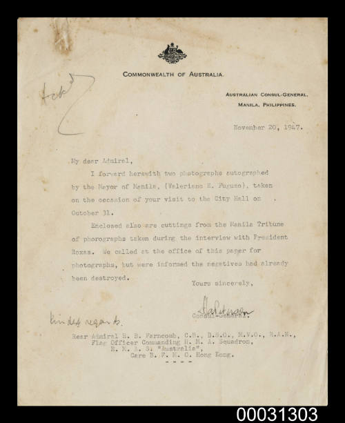 To Rear Admiral H B Farncomb from the Australian Consul General, Manila, 20 November 1947