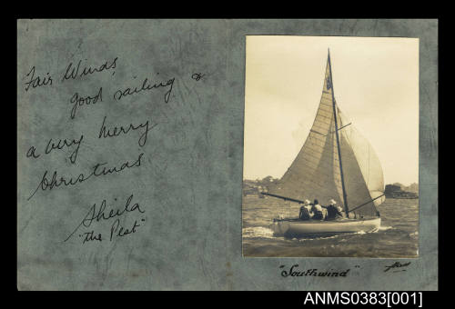 Christmas card from Sheila Patrick with A sailing yacht