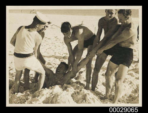 HMAS AUSTRALIA crew on the beach at Hervey Bay