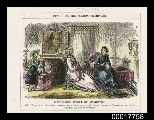 Distressing Result of Emigration. Lady: “Yes, my Dear. John left us without any warning, and we can’t match the other Footman, because all the tall men are gone to Australia"