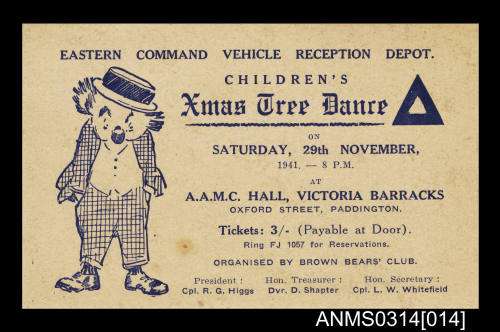 Card advertising the Children’s Xmas Tree Dance organised by Brown Bears Club